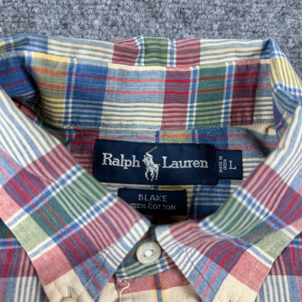 Ralph Lauren Button Down Mens Large Multi Color Plaid Blake Short Sleeve Cotton